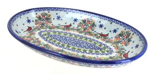 Blue Rose Polish Pottery Winter Cardinal Oval Platter