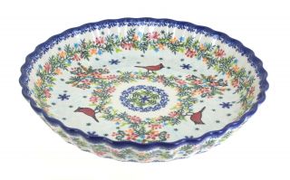 Blue Rose Polish Pottery Winter Cardinal Pie Plate