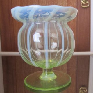 Antique Victorian Stourbridge Ribbed Vaseline Glass Vase With Metal Flower Frog
