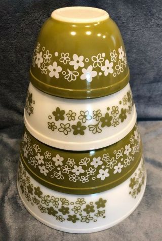 Vintage Green White Pyrex Crazy Daisy Spring Blossom 4 Nesting Bowls 404,  3,  2,  1