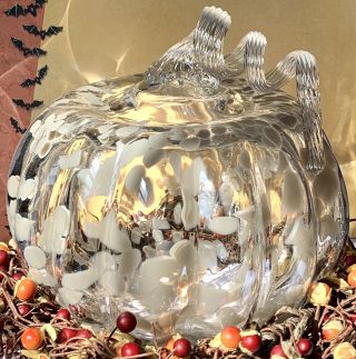 Zorza Hand Blown Art Glass,  Clear & Gray Fall,  Harvest,  Halloween,  Pumpkin - Nwt