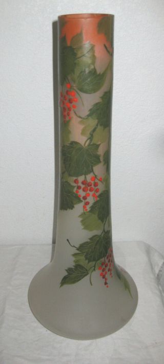 Antique Leune Signed Art Glass Vase Hand Painted Ivy & Berries French Very Large