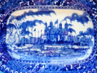 Antique English Flow Blue Platter Deep Color Unusual Castle Scene