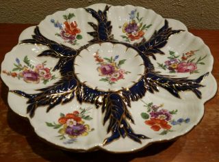 Gorgeous Blue White And Gold With Multi Color Floral 6 Well Oyster Plate 8 3/4 "