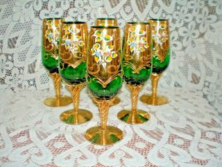 6 X Vintage Murano Venetian Green Enamel Gilt Wine Glasses 19cms