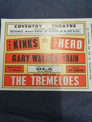 Rare The Kinks,  The Herd Hand Bill Flyer.  Coventry Theatre 1968