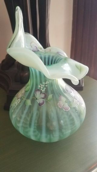 Fenton Art Glass Green Opalescent Jack in the Pulpit Vase Artist Signed 5