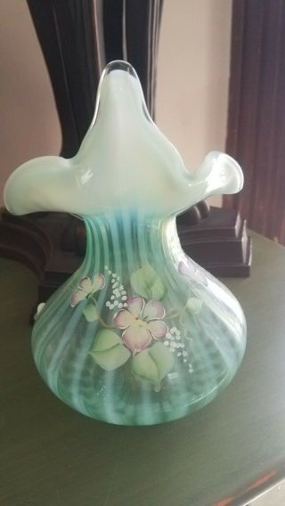 Fenton Art Glass Green Opalescent Jack in the Pulpit Vase Artist Signed 6