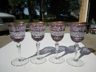 4 Top Quality Light Purple Cut & Etched Florals Stemmed Wine Glasses