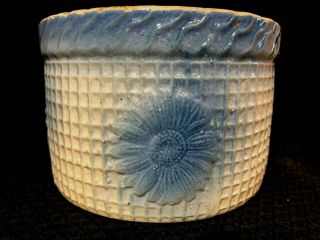 Blue & White Salt Glaze Daisy Trellis Butter Crock Rare 6 " - Hull Pottery 1800s