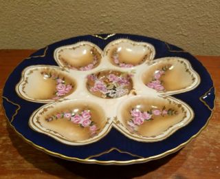 Gorgeous Blue White And Gold With Pink Purple Floral 6 Well Oyster Plate 8 1/2 "