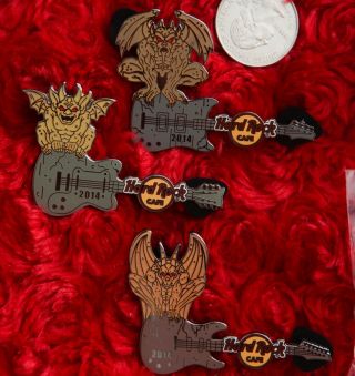 3 Hard Rock Cafe Pins Set Online Gargoyle Halloween Graveyard Tombstone Guitar