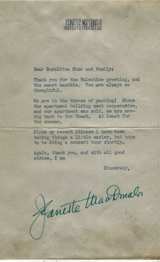 Jeanette Macdonald Signed Letter W/postmarked Envelope 3/29/1955