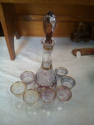 Vintage Cut To Clear Bohemian Crystal Wine Glasses And Decanter,  Set Of 8