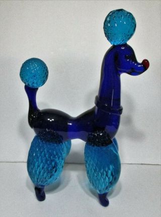 Vtg Murano Italian Art Glass Poodle Dog Figurine - Sky And Cobalt Blue W/red Nose