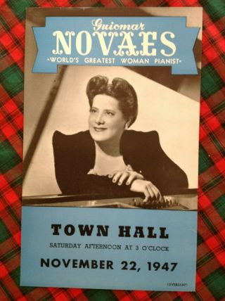 1947 Guiomar Novaes Pianist Town Hall Box F Flyer Handbill Vgc