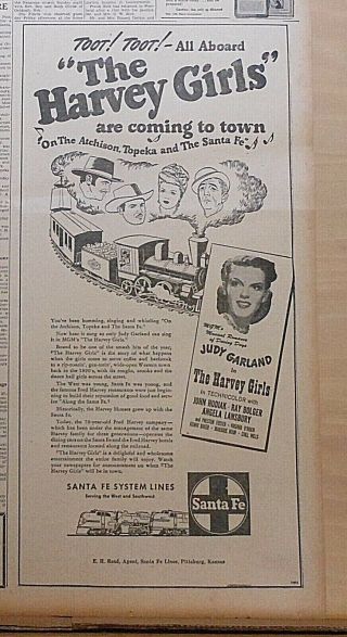 1946 Newspaper Ad For Santa Fe Rr & The Harvey Girls Movie - Judy Garland Stars