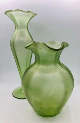 2 Josephinen Hutte Art Nouveau Vases Cyprus Iridescent Glass.  19 & 28 Cms C.  1900