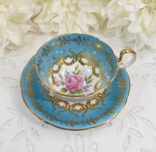 Aynsley Pink Rose Tea Cup And Saucer,  Teal Blue And Gold Aynsley Teacup,  1930 
