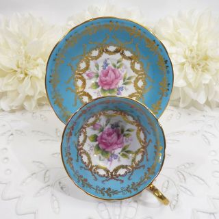 Aynsley Pink Rose Tea Cup and Saucer,  Teal Blue and Gold Aynsley Teacup,  1930 ' s 2