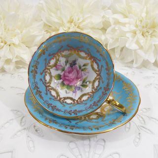 Aynsley Pink Rose Tea Cup and Saucer,  Teal Blue and Gold Aynsley Teacup,  1930 ' s 3