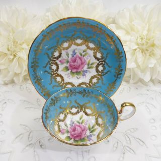 Aynsley Pink Rose Tea Cup and Saucer,  Teal Blue and Gold Aynsley Teacup,  1930 ' s 5