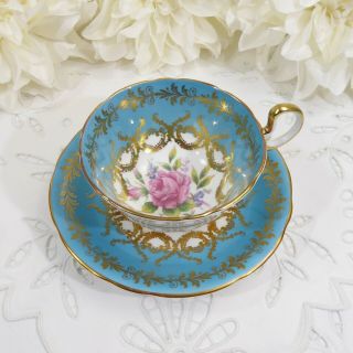 Aynsley Pink Rose Tea Cup and Saucer,  Teal Blue and Gold Aynsley Teacup,  1930 ' s 6