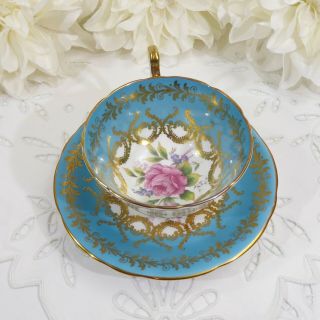 Aynsley Pink Rose Tea Cup and Saucer,  Teal Blue and Gold Aynsley Teacup,  1930 ' s 7