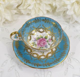 Aynsley Pink Rose Tea Cup and Saucer,  Teal Blue and Gold Aynsley Teacup,  1930 ' s 8