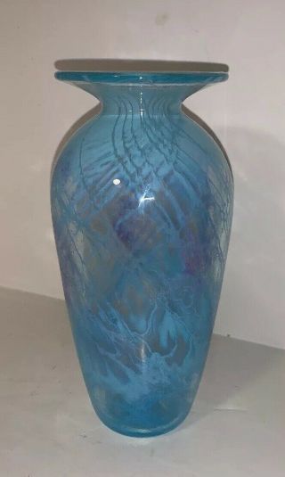 Michael Nourot Signed 1985 Art Glass Blue With Pink Highlights Signed Blown Vase