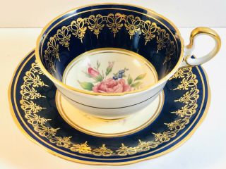 Aynsley Colbalt With Rose And Gold Gilding Teacup And Saucer