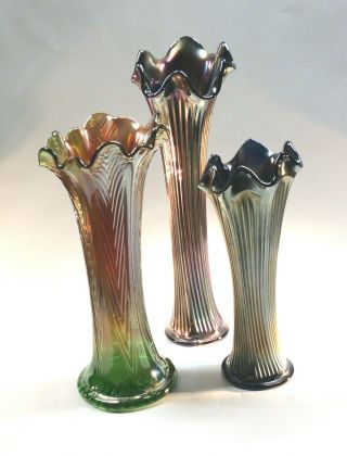 Fenton Northwood 2 Amethyst 1 Green Rib Feather Glass Swung Vases