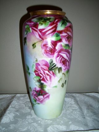 Antique Rosenthal Bavaria Signed 10 1/2 " Red Roses Vase