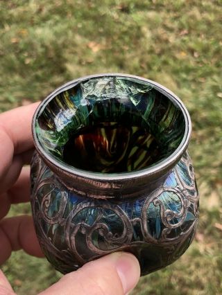 Antique Loetz 3 5/8  Silver Overlay Art Glass Art Nouveau Vase - - 3