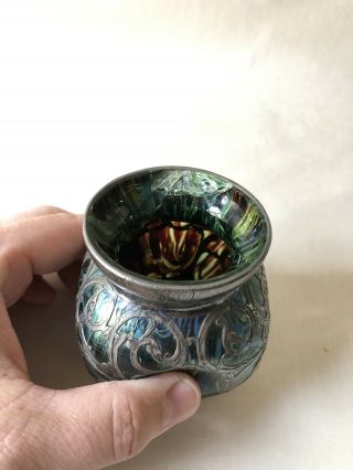 Antique Loetz 3 5/8  Silver Overlay Art Glass Art Nouveau Vase - - 5