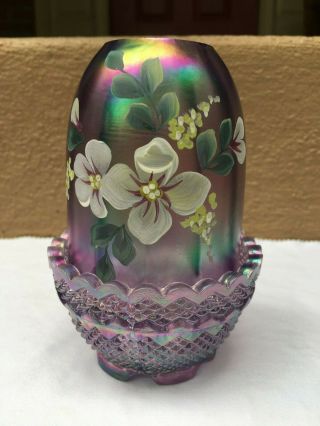Rare And Fenton Iridescent Fairy Lamp Hand Painted And Signed
