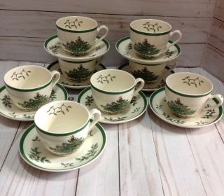 Vintage Spode Christmas Tree Made In England Tea Cup And Saucers Set Of 8