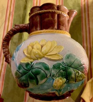 Antique Majolica Water Lilies Pottery Pitcher Big