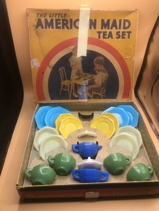 Antique Vtg Akro Agate Childs Tea Set 20 Pc Little American Maid Orig Box