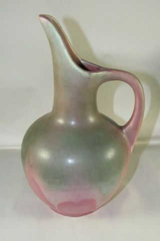 Indiana Muncie Art Pottery Drip Glaze Pitcher - Ewer 11 " Green Over Rose,  136