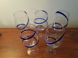 Pier 1 Set/5 Swirline Cobalt Swirl 9 " Water Glass Goblet (or Wine Glass)