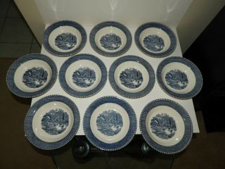 10 Royal Currier And Ives Blue Rim Soup Bowls 8 & 1/2 " Early Winter
