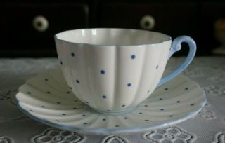 Vintage Shelley Blue Polka Dot Blue Handle Cup And Saucer Set,  England