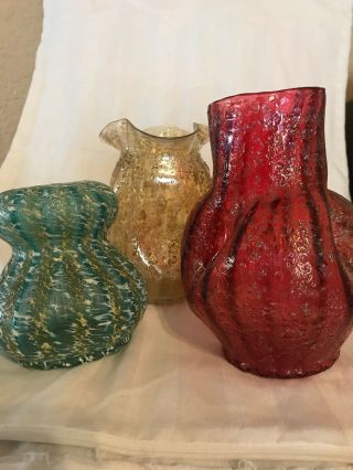 3 Dugan Diamond Vases Incds Very Rare Cranberry Frit Pompeian All From 1920 - 30’s