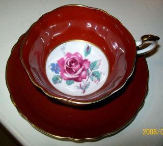 Deep Red Paragon Wide Mouth Tea Cup Saucer Pink Cabbage Roses Double Warrant
