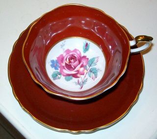 DEEP RED PARAGON WIDE MOUTH TEA CUP SAUCER PINK CABBAGE ROSES DOUBLE WARRANT 2