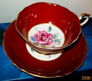 DEEP RED PARAGON WIDE MOUTH TEA CUP SAUCER PINK CABBAGE ROSES DOUBLE WARRANT 3