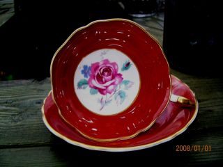 DEEP RED PARAGON WIDE MOUTH TEA CUP SAUCER PINK CABBAGE ROSES DOUBLE WARRANT 4