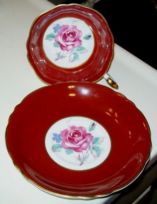 DEEP RED PARAGON WIDE MOUTH TEA CUP SAUCER PINK CABBAGE ROSES DOUBLE WARRANT 5