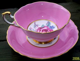 HOT PINK PARAGON WIDE MOUTH TEA CUP SAUCER PINK CABBAGE ROSES DOUBLE WARRANT 2